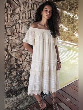 vasna Off-Shoulder Cream Midi Dress With Ruffle and Embroidered Detail Lined